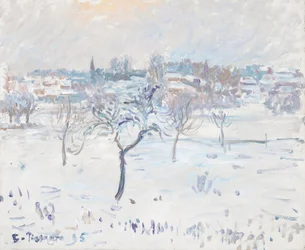Verschneite Landschaft in Eragny mit einem Apfelbaum
